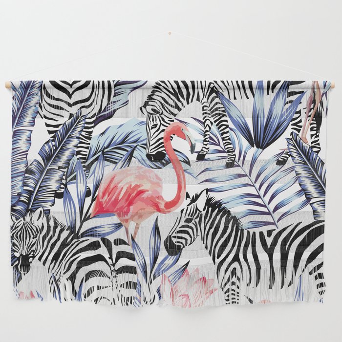 Exotic pink flamingo, zebra on background summer blue tropic palm leaf Wall Hanging