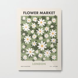 Flower Market London, Retro Daisies  Print, Green Ditsy Pattern Metal Print