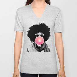 Beautiful girl with curly hairstyle and sunglasses inflates a balloon made of chewing gum  V Neck T Shirt