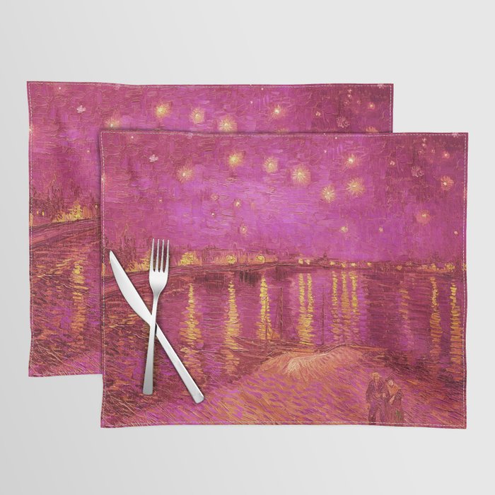 Starry Night Over the Rhone landscape painting by Vincent van Gogh in alternate pink with yellow stars Placemat
