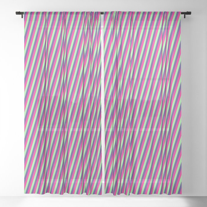 Deep Pink, Green, and Dark Slate Blue Colored Lines/Stripes Pattern Sheer Curtain