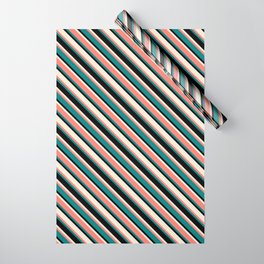 [ Thumbnail: Beige, Salmon, Teal, and Black Colored Lined Pattern Wrapping Paper ]