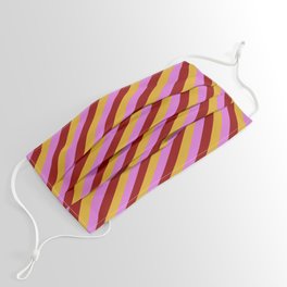 [ Thumbnail: Goldenrod, Orchid, and Dark Red Colored Pattern of Stripes Face Mask ]