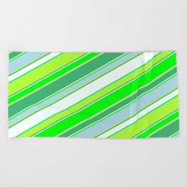 [ Thumbnail: Colorful Sea Green, Mint Cream, Lime, Light Blue, and Light Green Colored Striped/Lined Pattern Beach Towel ]