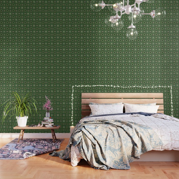 Art Deco Floral Tiles in Emerald Green and Faux Gold Wallpaper