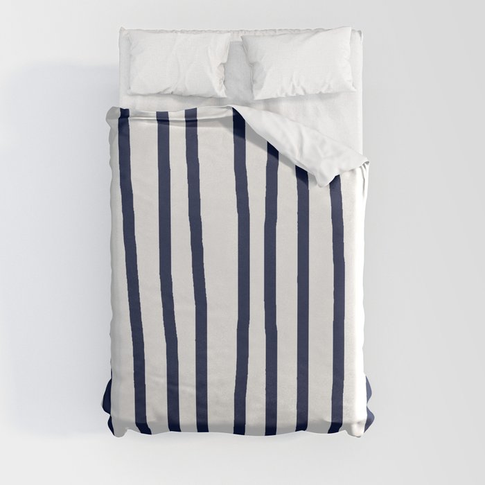 Simply Drawn Vertical Stripes Nautical Navy Blue on White Duvet Cover