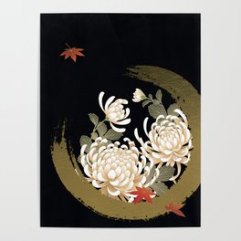 White Peonies Red Maple Leaves Japanese Kimono Pattern Poster