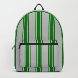 [ Thumbnail: Grey and Green Colored Stripes Pattern Backpack ]