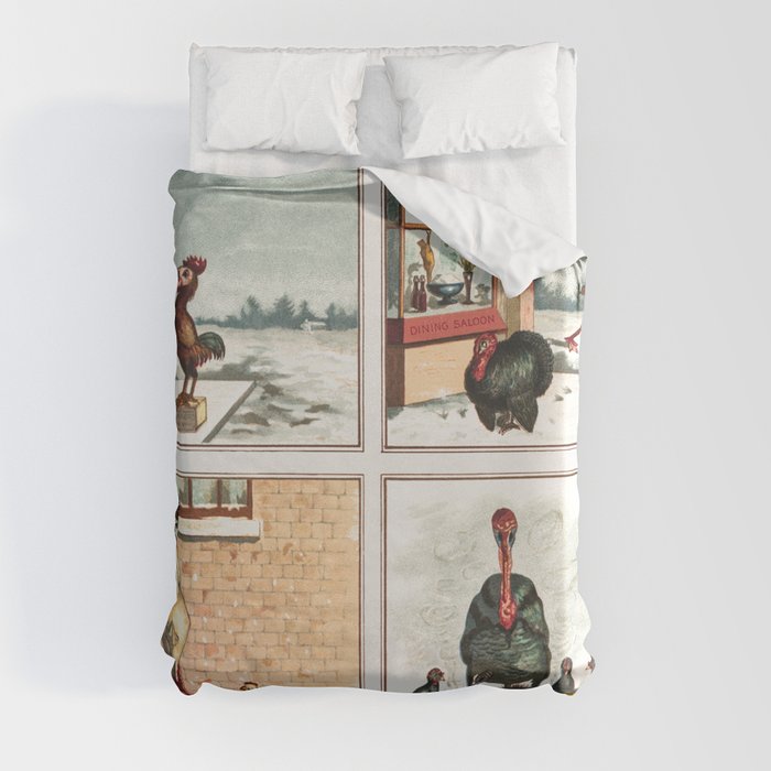 Christmas Card Depicting Turkey and Chicken Duvet Cover