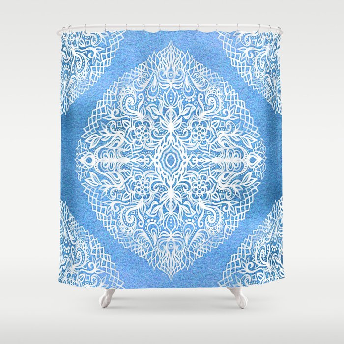 White Gouache Doodle on Pearly Blue Paint Shower Curtain
