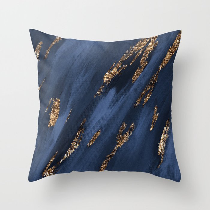 Navy Blue Paint Brushstrokes Gold Foil Throw Pillow