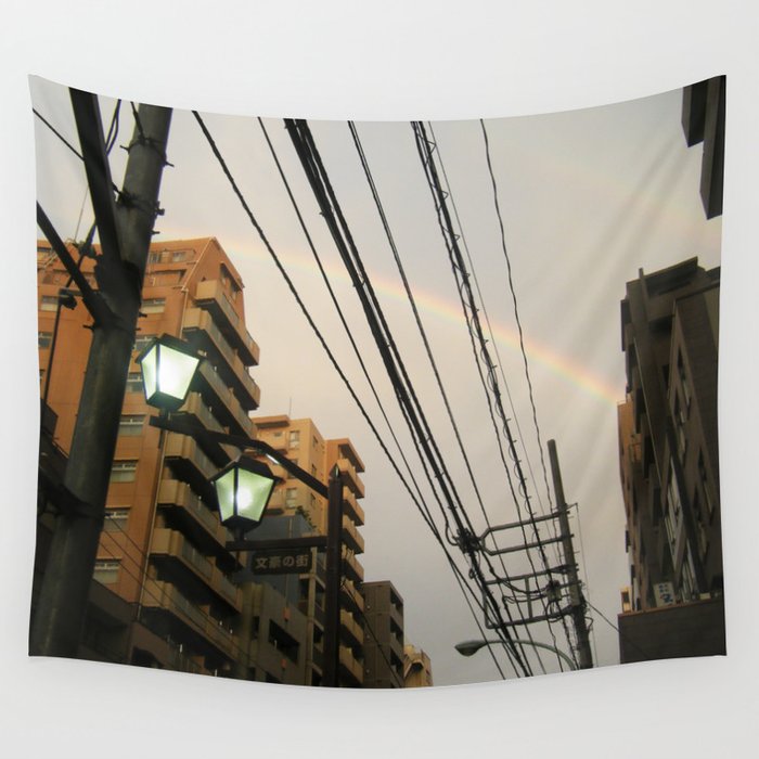 Rainbow Alley Wall Tapestry | Photography, Digital, Color, Asia, Japan, Sky, Rainbow, Architecture, Street-light, Lantern