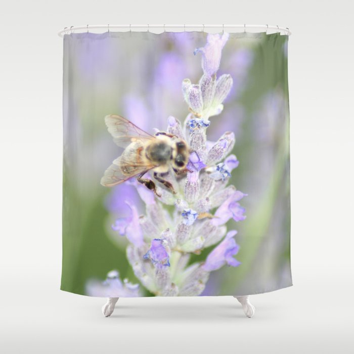 Honey Bee Close Up On Lavendar Nature Photography Shower Curtain