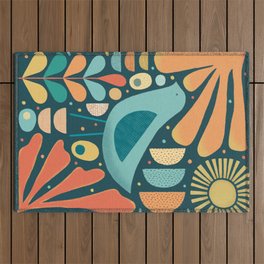 Mid Century Modern Inspired Bird and Leaves Outdoor Rug