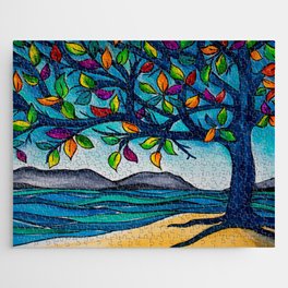 Colorful Rainbow Tree of Life by the Ocean Watercolor Painting Jigsaw Puzzle