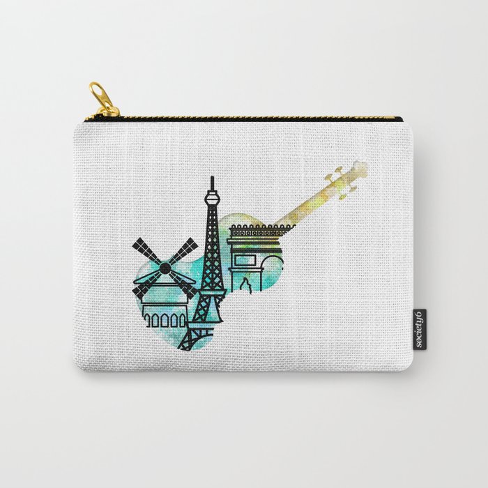 Music travel and Architecture in France watercolor doodle	 Carry-All Pouch
