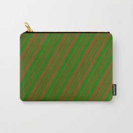 [ Thumbnail: Brown & Green Colored Stripes Pattern Carry-All Pouch ]