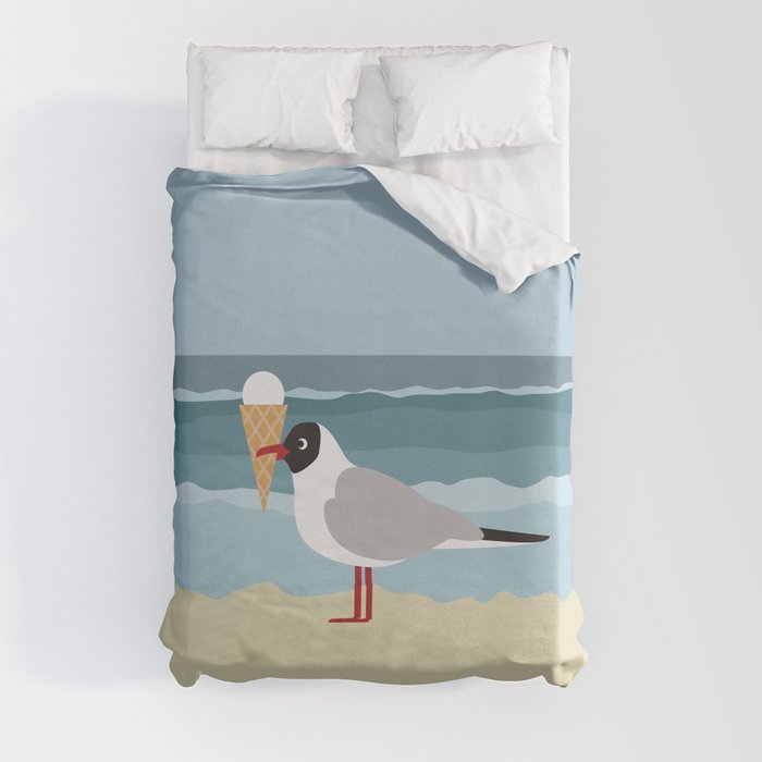 Cute seagull with ice cream by the sea Duvet Cover