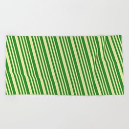 [ Thumbnail: Pale Goldenrod and Forest Green Colored Lined/Striped Pattern Beach Towel ]