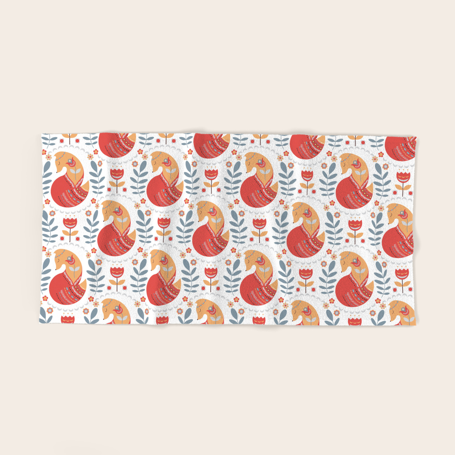 Orange Foxes With Ornaments Flowers Decorative Seamless Pattern In Scandinavian Style Folk Art Hand Bath Towel By Irinaskaska Society6