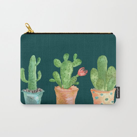 Three Green Cacti On Green Background Carry-All Pouch