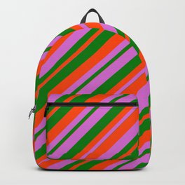 [ Thumbnail: Orchid, Green & Red Colored Stripes/Lines Pattern Backpack ]
