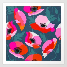 Happy Poppies 3. Red, pink and Aegean Blue Art Print