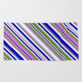 [ Thumbnail: Colorful Light Grey, Green, Orchid, Light Cyan, and Blue Colored Lined/Striped Pattern Beach Towel ]