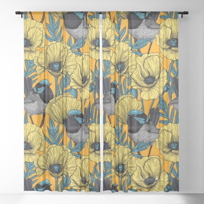Fairy wren and poppies in yellow Sheer Curtain