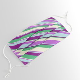 [ Thumbnail: Eye-catching Orchid, Powder Blue, Purple, Sea Green & Beige Colored Stripes/Lines Pattern Face Mask ]