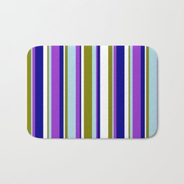 [ Thumbnail: Eyecatching Green, Light Blue, Dark Orchid, Dark Blue, and White Colored Lined/Striped Pattern Bath Mat ]
