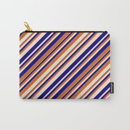[ Thumbnail: Blue, Chocolate, and Beige Colored Lines/Stripes Pattern Carry-All Pouch ]
