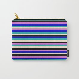 [ Thumbnail: Vibrant Orchid, Blue, Light Sea Green, Beige, and Black Colored Lines Pattern Carry-All Pouch ]