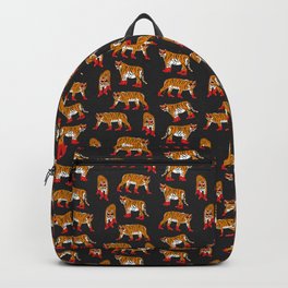 Cute Fashion Tigers in Red Boots and Retro Sunglasses (Dark Grey BG) Backpack | Pattern, Cute, Ink, Fashion, Boots, Red, Doodle, Retro, Graphicdesign, Drawing 