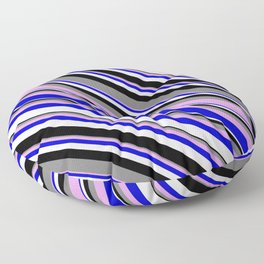 [ Thumbnail: Colorful Grey, Plum, Blue, White, and Black Colored Lined Pattern Floor Pillow ]