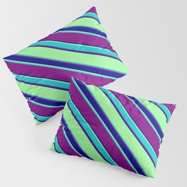 [ Thumbnail: Green, Dark Turquoise, Purple, and Dark Blue Colored Striped Pattern Pillow Sham ]