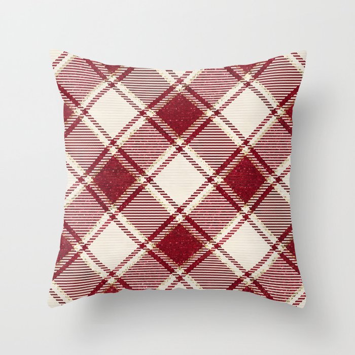 Traditional Retro Rustic Red and White Festive Plaid Pattern with Glitters Throw Pillow