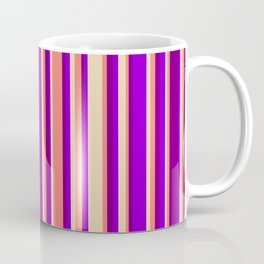 [ Thumbnail: Tan, Dark Violet, Purple, and Salmon Colored Striped Pattern Coffee Mug ]