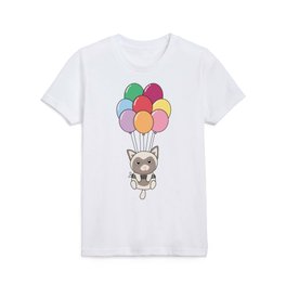 Cat Flies Up With Colorful Balloons Kids T Shirt