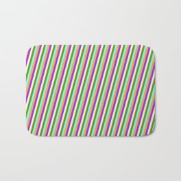 [ Thumbnail: Colorful Beige, Green, Aquamarine, Brown, and Dark Orchid Colored Lines/Stripes Pattern Bath Mat ]