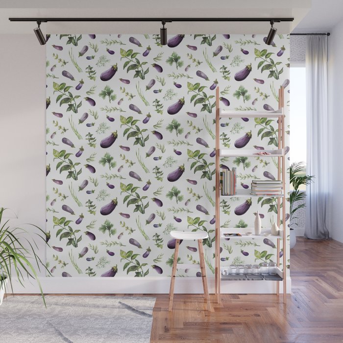 Purple - Green Eggplants & Herbs pattern Wall Mural