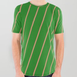 [ Thumbnail: Dark Salmon and Forest Green Colored Lines/Stripes Pattern All Over Graphic Tee ]