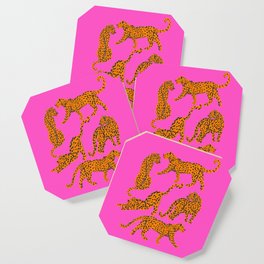 Abstract leopard with red lips illustration in fuchsia background  Coaster