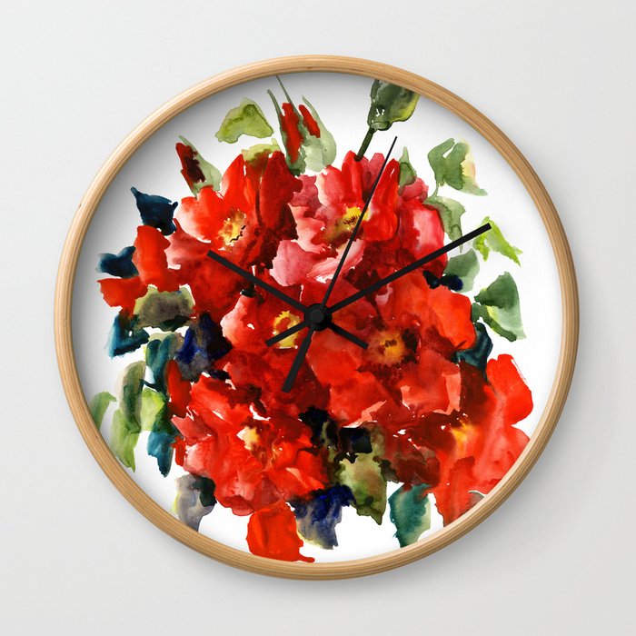 Bright Red French Garden Roses Wall Clock