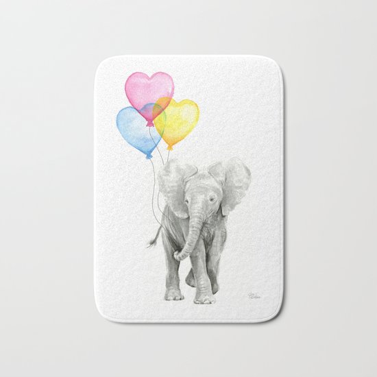 Elephant Watercolor with Balloons Rainbow Hearts Baby Whimsical Animal Nursery Prints Bath Mat