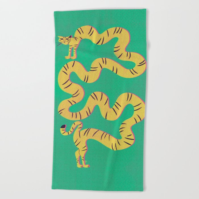 Yellow, pink and blue cat Beach Towel