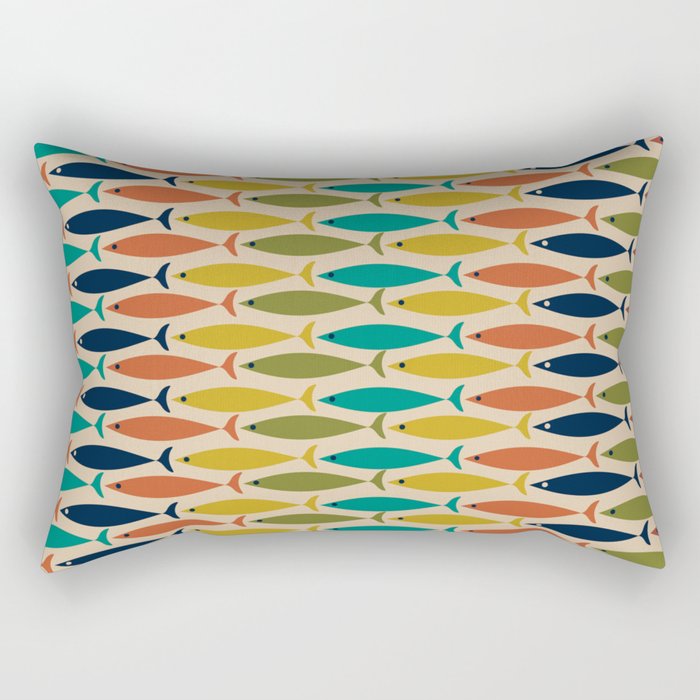  Midcentury Modern Multicolor Fish Stripes Pattern in Olive, Mustard, Orange, Teal, Beige Rectangular Pillow