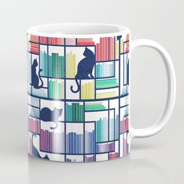 Rainbow bookshelf // white background navy blue shelf and library cats Mug