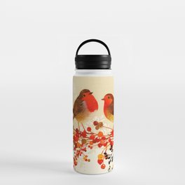 Red Gold Winter Birds Holly Berry Branches Watercolor Water Bottle