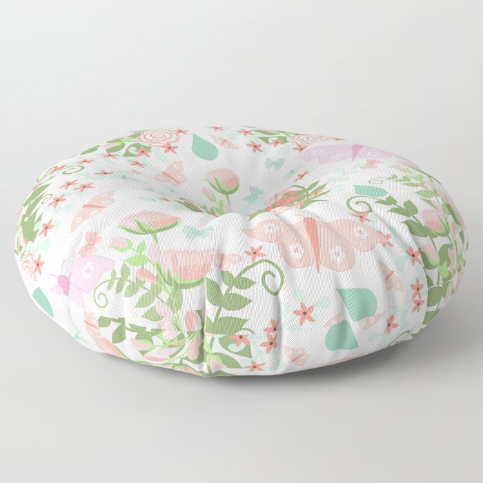 Pastel coral pink green butterfly floral polka dots Floor Pillow